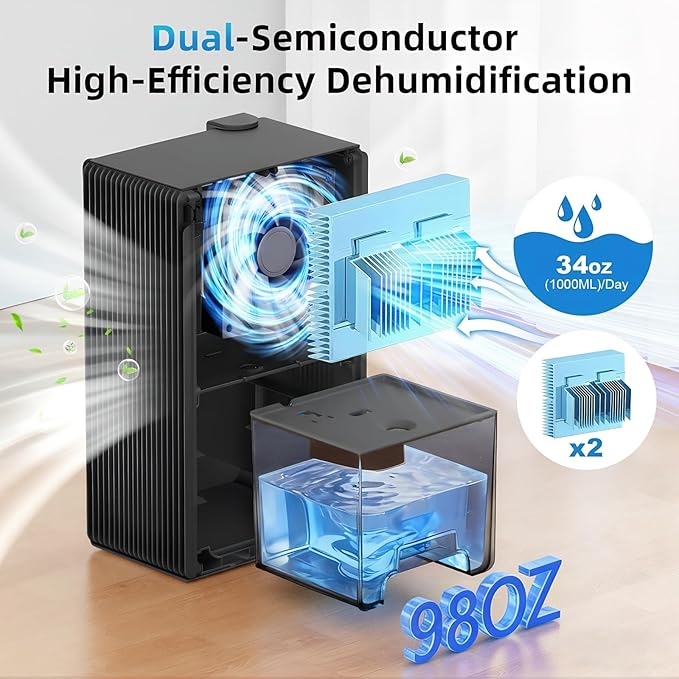 Dehumidifier for Home up to 1000 sq. ft, Small Quiet Dehumidifier with Drain Hose, 98oz Water Tank, Auto Shut Off & 7-Color Ambient Light, for Bedroom, Bathroom, Basement, Living Room (Black)