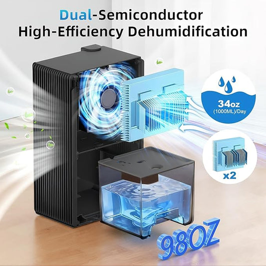 Dehumidifier for Home up to 1000 sq. ft, Small Quiet Dehumidifier with Drain Hose, 98oz Water Tank, Auto Shut Off & 7-Color Ambient Light, for Bedroom, Bathroom, Basement, Living Room (Black)