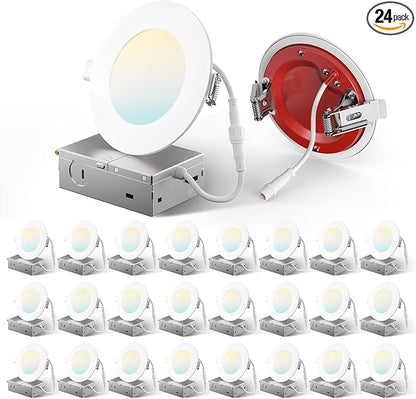 Amico 24 Pack 4 Inch Fire Rated LED Recessed Light with Junction Box, 2 Hour Fire Rating, 5CCT Selectable Ultra-Thin Ceiling Light, 900LM, Dimmable Canless Wafer Downlight, ETL&FCC, No Tenmat Needed