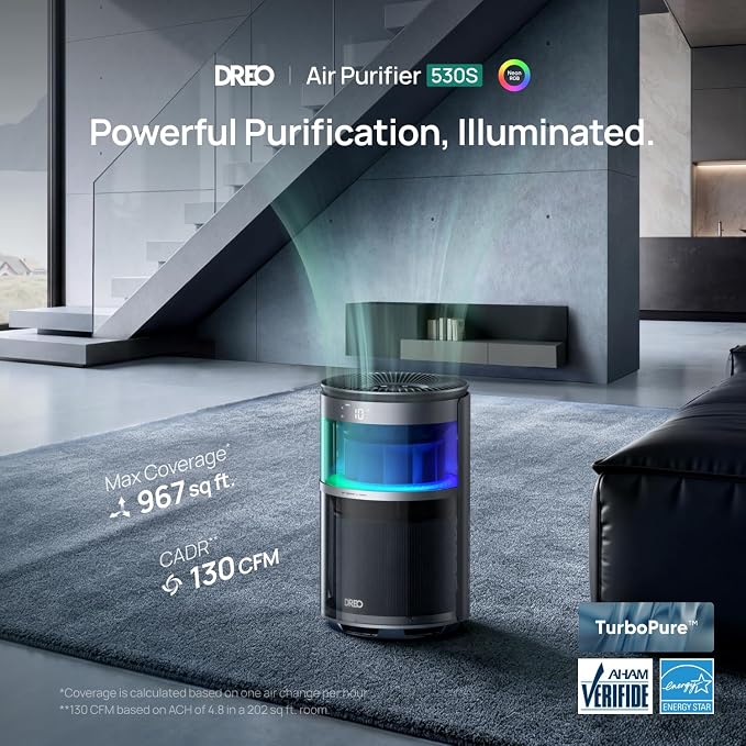 DREO Smart Air Purifier With RGBIC Light,Home HEPA Air Cleaner with Wi-Fi/Voice/Alexa, PM2.5 Quality Monitor,4 Speeds & Auto/Turbo/Quiet Sleep Modes, DR-HAP010S, DREO 530S, Pearl Silver