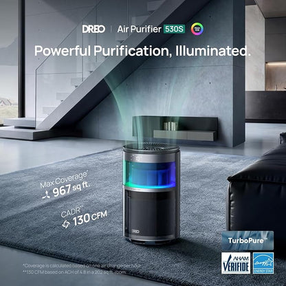 DREO Smart Air Purifier With RGBIC Light,Home HEPA Air Cleaner with Wi-Fi/Voice/Alexa, PM2.5 Quality Monitor,4 Speeds & Auto/Turbo/Quiet Sleep Modes, DR-HAP010S, DREO 530S, Pearl Silver