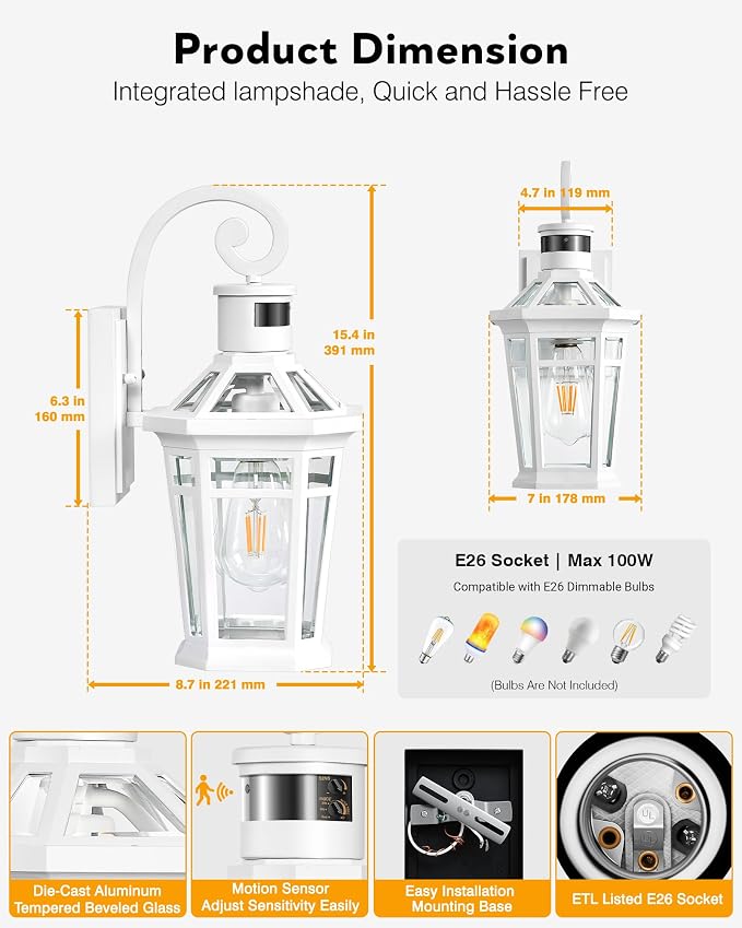 2 Pack Motion Sensor Outdoor Wall Lantern, White Outdoor Garage Lighting Fixtures Wall Mount, Waterproof Front Porch Lights with E26 Base, Exterior Sconce Light with Adjustable Sense Range