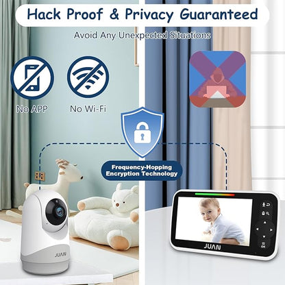 JUAN Baby Monitor with Camera and Audio, No WiFi 100% Private, 3500mAh Long Battery, 1000ft Range Connection, Remote Pan-Tilt-Zoom, Crystal Night Vision, 2-Way Talk for Newborn Infant