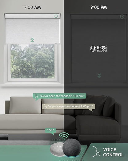 Yoolax Motorized Blinds with Remote, 100% Blackout Smart Blinds for Bedroom Home Office, Automatic Roller Window Shades Work with Alexa Voice Control, with Valance (Jacquard White, 38" W x 72" H)
