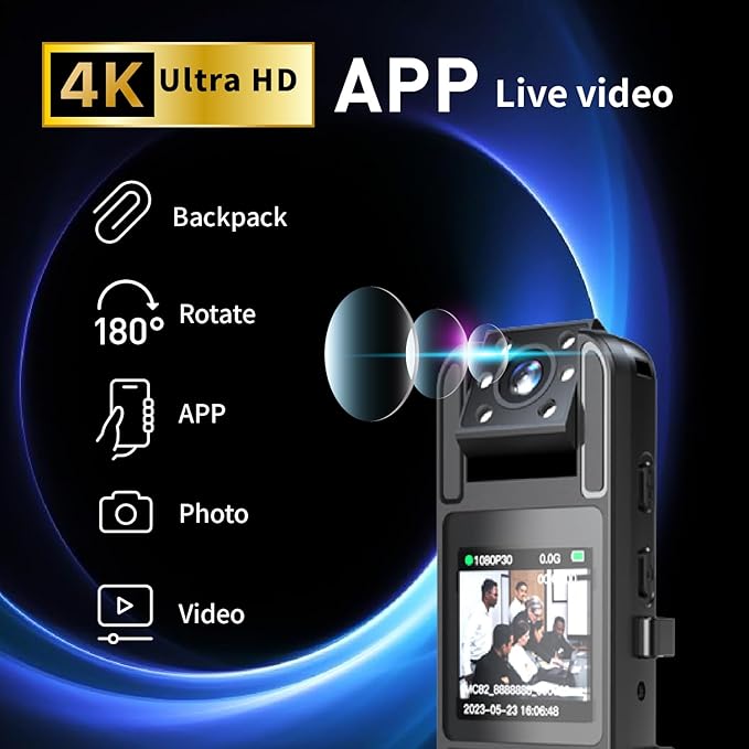 64GB Included, 4K UHD 30FPS Recording,1.4 in Screen Recorder,Body Cameras,Wearable Body Cam,6HR Battery Life, for Outdoor Riding,Home,Sports,Pet Records,Security,Travel Records, JS-06B-2