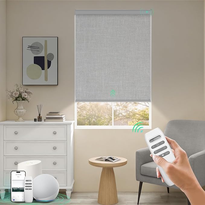 HeyBlinds Blackout Motorized Smart Blinds with Remote, Automatic Electric Shades for Windows (Breeze- Light Grey BO, 33" W x 72" H)