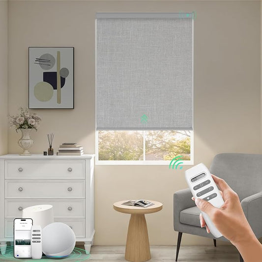 HeyBlinds Blackout Motorized Smart Blinds with Remote, Automatic Electric Shades for Windows (Breeze- Light Grey BO, 27" W x 72" H)