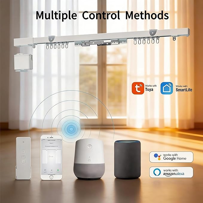 Smart Curtain Track System with Mini Wifi Motor, Automatic Ceiling Curtain Opener, Motorized Curtains Rod 165.3''(4.2m) with App, Voice, Remote Control, Compatible with Alexa,Google and Siri