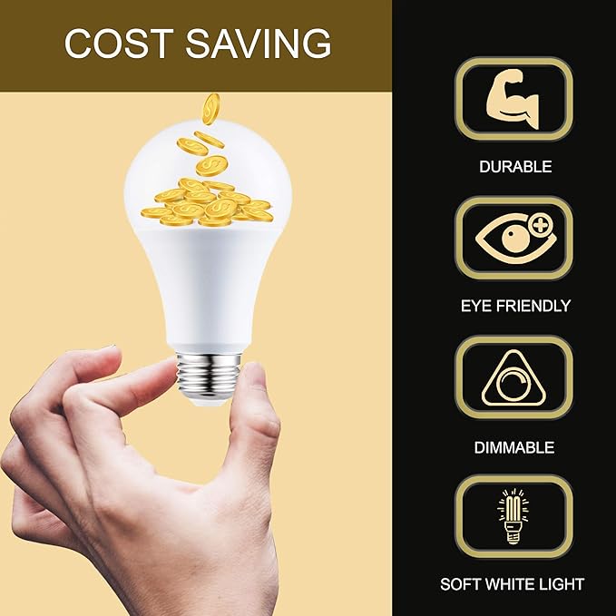 A19 LED Light Bulbs - E26 Base, 60W, 800 Lumens, Soft White 3000K Illumination - Dimmable, Energy Saving Outdoor & Indoor Home, Commercial Lighting - 80+ CRI, 10-Year Life - 24-Pack