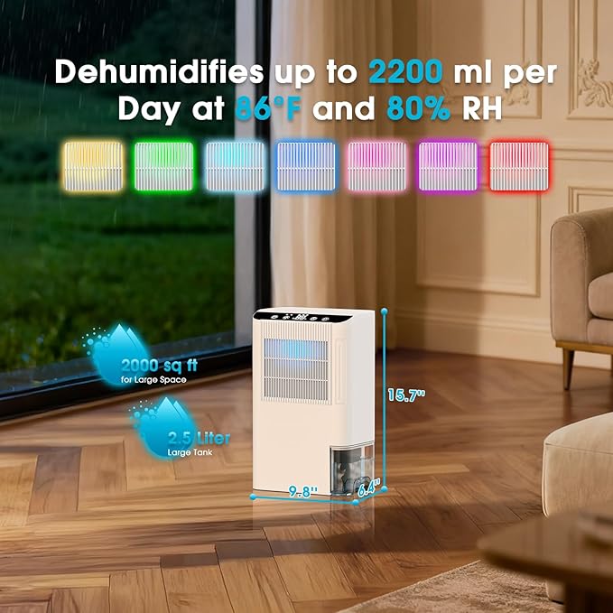 Dehumidifiers for Home, 2000 Sq.Ft Small Dehumidifier with 3.3ft Drain Hose, 2.5L Tank, Timer Sleep Mode, Portable Dehumidifier for Basement, Bedroom, Bathroom (Sweet White)