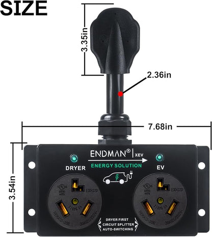 Automatic Power Switch for Dryer and EV (NEMA 10-30P Only) - 3-Prong Intelligent Splitter for Pre-1996 Homes - Share Old 240V Outlet - Compatible with Tesla & All EVs