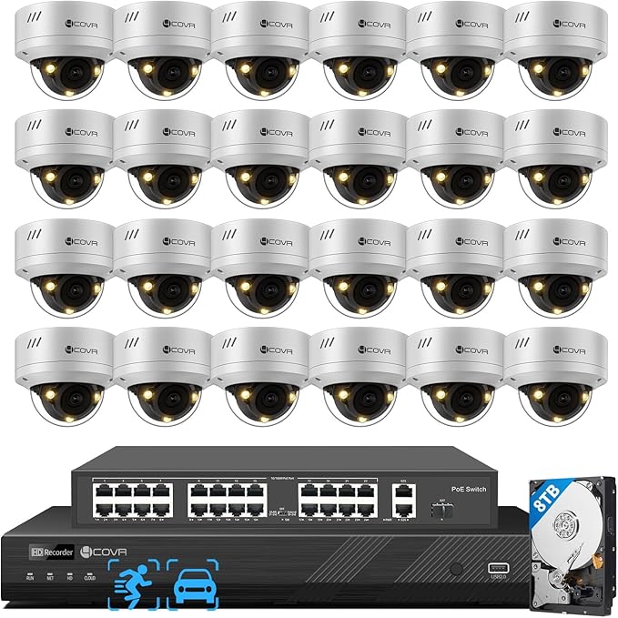 4COVR 32 Channel Security Camera System for Businesses, 32CH 4K NVR & 8TB HDD, 24X 5MP IK10 Dome IP Cameras IP67 Outdoor, Smart Color Night Vision, 2-Way Audio, Person/Vehicle Detection, LY54FA5M3224