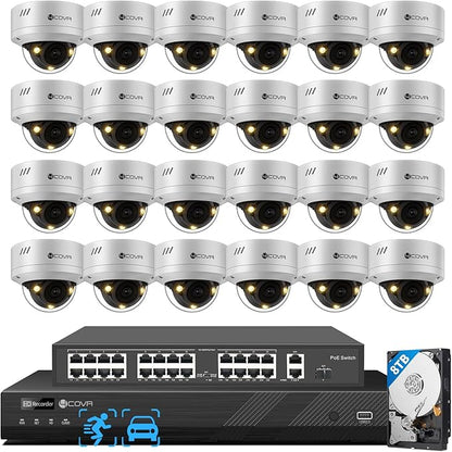 4COVR 32 Channel Security Camera System for Businesses, 32CH 4K NVR & 8TB HDD, 24X 5MP IK10 Dome IP Cameras IP67 Outdoor, Smart Color Night Vision, 2-Way Audio, Person/Vehicle Detection, LY54FA5M3224
