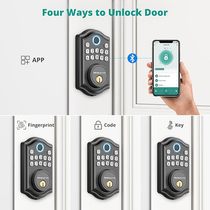 AkaGear DS10 Pro Keyless Entry Door Lock with Handle Set, Smart Front Door Locks Set, Electronic Keypad, Fingerprint Deadbolt, Bluetooth APP Control, Auto-Lock & One Touch Locking, Matte Black
