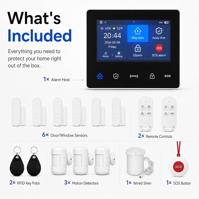 GEN 2 Wireless Home Security System, 16-Piece DIY Alarm Kit for House & Apartment, WiFi & 4G Touchscreen Hub, Door Sensors, Motion Detectors, App Alerts, 120dB Wired Siren, No Monthly Fee