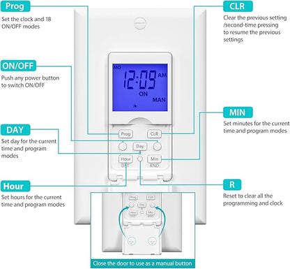 BN-LINK 7 Day Programmable in-Wall Timer Switch for Lights, Digital Light Switch Timer Indoor, Single Pole and 3 Way (Compatible with SPDT) Both Use, Neutral Wire Required, Blue Backlight, ETL Listed