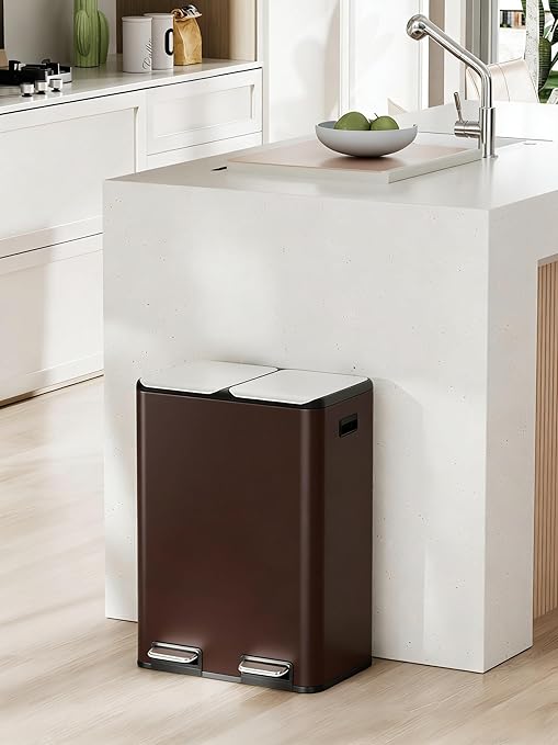 Arlopu 16Gal Dual Trash Can w/2 Built-in Box for Odor Control, Hands-Free Kitchen Garbage Bin, Recycle Waste Dustbin, Soft-Close Lid, 2 Buckets,Foot Pedal, Side Handle, Airtight,for Home (Brown)