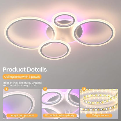 LED Ceiling Light 50W, Dimmable 4-Ring Flush Mount Fixture | Modern Ceiling Light Fixture with Remote, 3000K-6000K Adjustable, RGB Ambient Backlight, 3000LM for Bedroom Living Room
