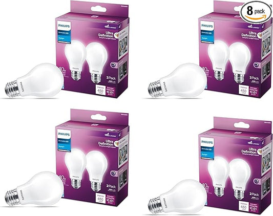 PHILIPS LED 60W A19 8-Pack Ultra Definition Daylight (5000K) 800 Lumen (8W = 60W) Dimmable Frosted Flicker-Free Light Bulbs