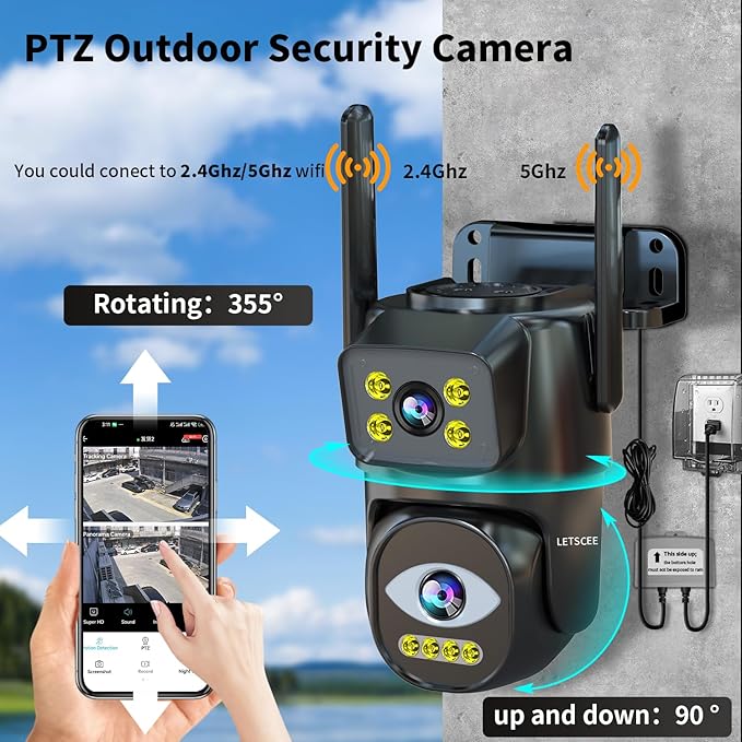 LETSCEE Dual Lens WiFi Security Camera Outdoor,5G/2.4G PTZ Outdoor Auto Tracking,HOM Security Surveillance System Camera,WiFi,Night Vision,7/24 Recording