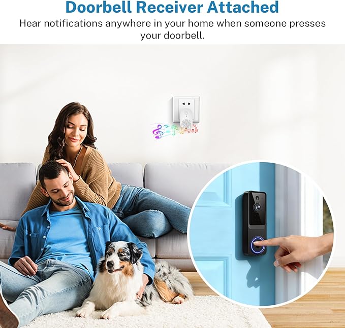 1080p Video Doorbell Camera Wireless for Home, Indoor and Outdoor, Cloud Storage (Subscription Required), Receiver Notification, Night Vision, 120° View, Battery Powered