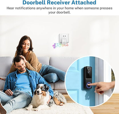 1080p Video Doorbell Camera Wireless for Home, Indoor and Outdoor, Cloud Storage (Subscription Required), Receiver Notification, Night Vision, 120° View, Battery Powered