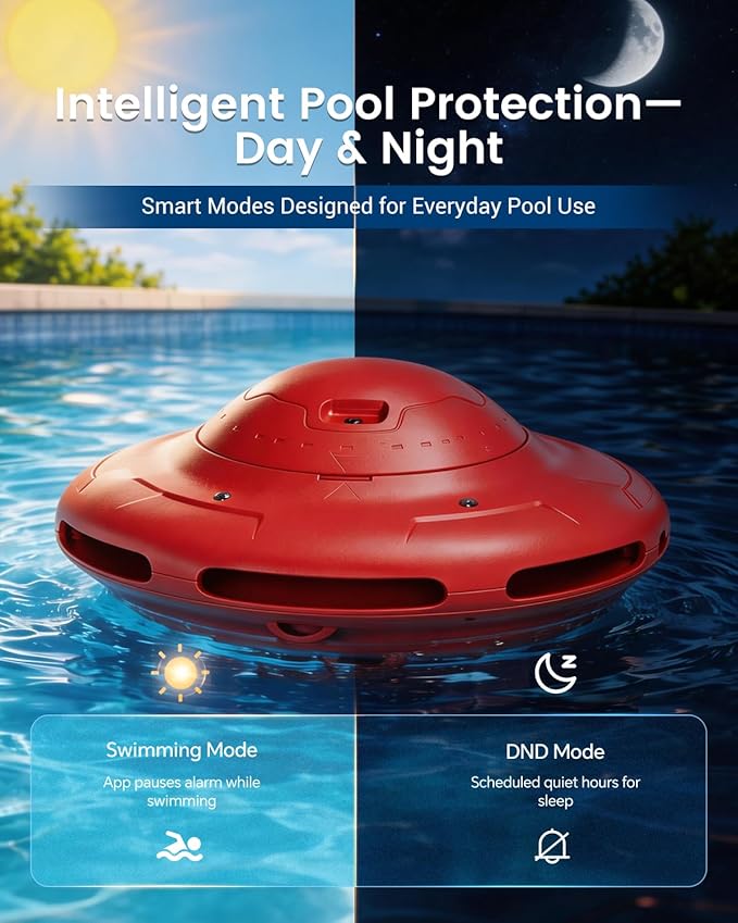 Smart Pool Alarm with App for Inground & Above Ground Pools, Adjustable Sensitivity Water Detection Alarm up to 20x40ft, 85dB+ Safety Alerts for Kids, Pets & Accidental Entry(Red)