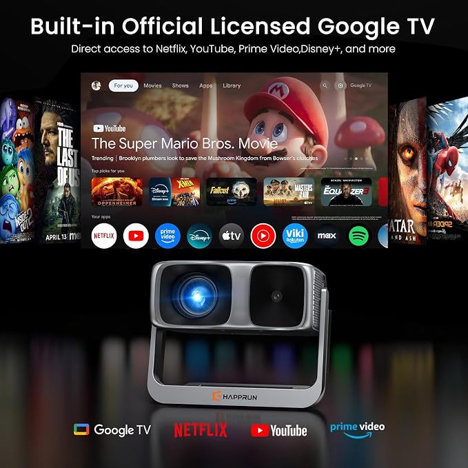 HAPPRUN 2000 ANSI Google TV Built-in Outdoor Video Projector with WiFi 6 and Bluetooth 5.2, Smart Projector, 4K Decoding, Auto Focus, Dolby Sound, Built-in Speakers, Home Theater Projector with Apps
