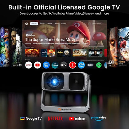 HAPPRUN 2000 ANSI Google TV Built-in Outdoor Video Projector with WiFi 6 and Bluetooth 5.2, Smart Projector, 4K Decoding, Auto Focus, Dolby Sound, Built-in Speakers, Home Theater Projector with Apps