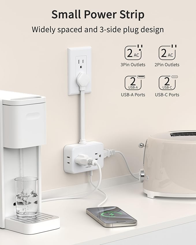 HOPOW Short Extension Cord 0.5FT, Flat Plug Outlet Extender with 4 Outlets & 4 USB Ports(2 USB C), No Surge Protector for Cruise Ship, Multiple Outlet Small Power Strip for Home Office Travel