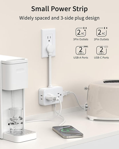 HOPOW Short Extension Cord 0.5FT, Flat Plug Outlet Extender with 4 Outlets & 4 USB Ports(2 USB C), No Surge Protector for Cruise Ship, Multiple Outlet Small Power Strip for Home Office Travel