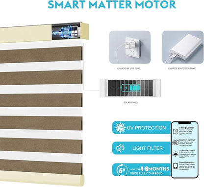 Motorized Zebra Blinds with Remote, Work with HomeKit Alexa, Smart Light Filtering Horizontal Automatic Electric Window Shades for Home Office Customsize(90% Blackout Wide Brown)