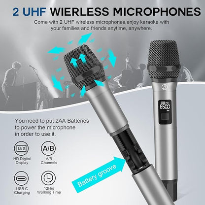 SUPNIU Wireless Voice Amplifier Professional Karaoke Machine with 2 UHF Microphones for Adults, 320W Peak Bluetooth Speaker PA System Treble & Bass for Home Party Wedding Outdoor Christmas Events L400
