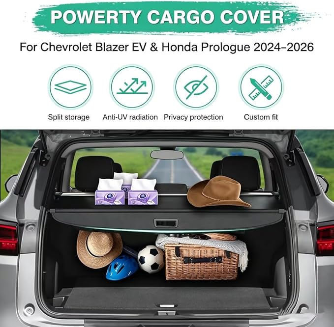 Powerty Retractable Cargo Cover for 2026 2025 2024 Chevrolet Blazer EV/Honda Prologue, Canvas Texture Trunk Cover Privacy Screen Rear Security Shade for Accessories