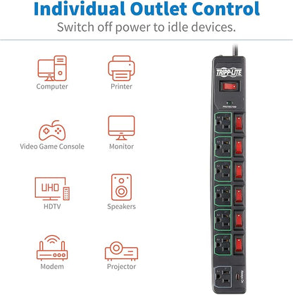 Tripp Lite 7 Outlet (6 Individually Controlled) Surge Protector Power Strip, 6ft Cord, Black, Lifetime Limited Warranty & 25K Insurance (TLP76MSGB)