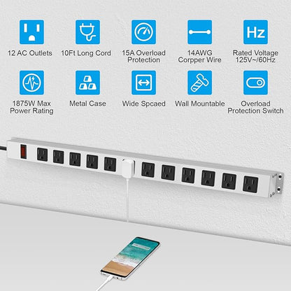 JUNNUJ Metal 12 Outlet Power Strip, Mountable Heavy Duty Power Strip, 1200J Surge Protector Wall Mount Screws Outlet with Switch, Gaming Desk Strips Wide Spaced 15A 125V 1875W, 10 FT 14AWG Power Cord