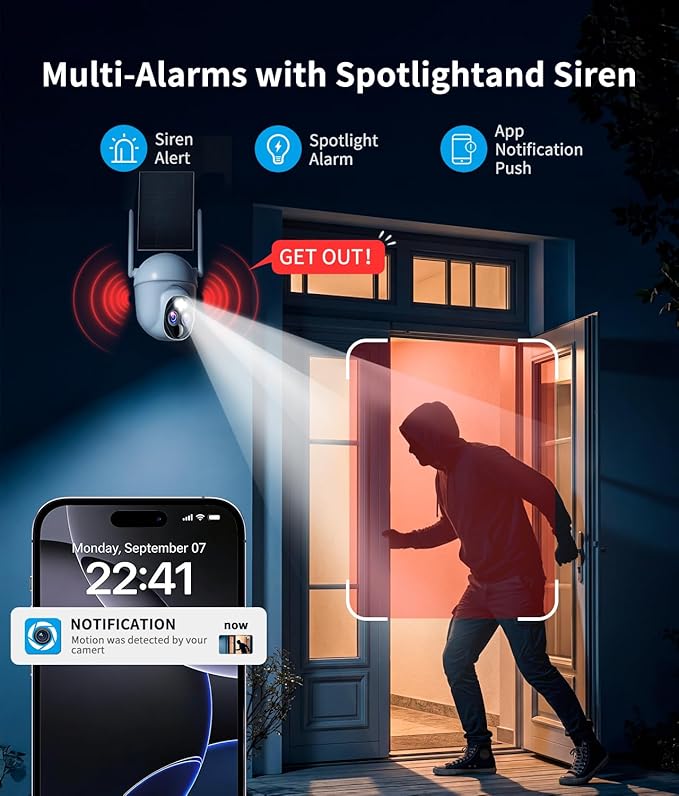 Dual-Lens Solar Security Cameras Wireless Outdoor, 10x Zoom to See Further 360 PTZ WiFi Camera for Home Security with Color Night Vision, AI Body Detection, 2-Way Audio, Spotlight Siren Alarm