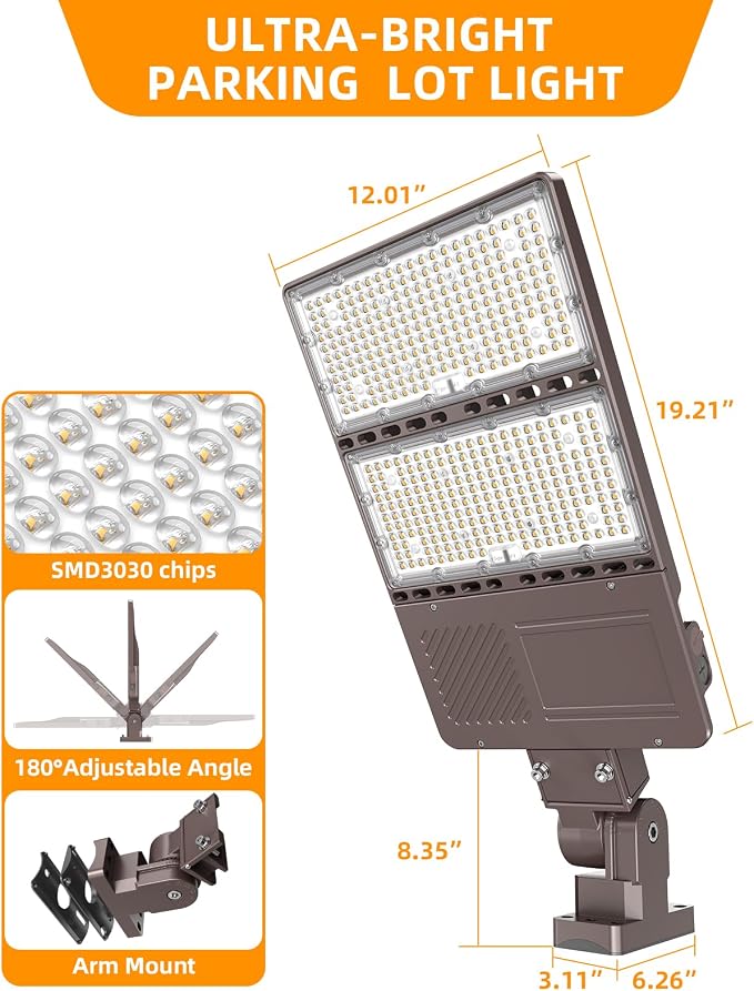 9 Pack LED Parking Lot Light 320W 256W 192W Adjustable, UL Listed 5000K Shoebox Light with Photocell, IP65 Commercial Street Lights Adjustable Arm Mount for Outdoor AC100-277V