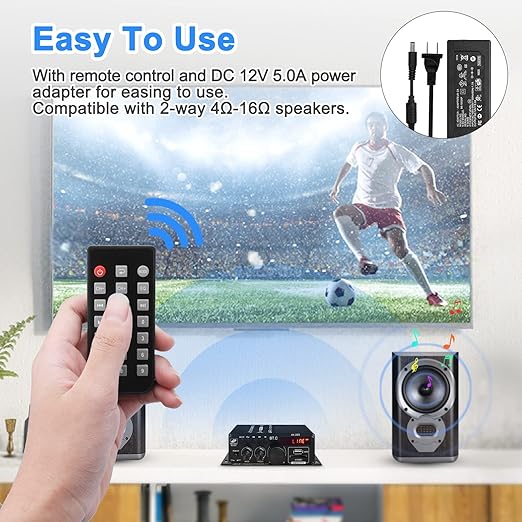 AK-380 USB SD BT.C FM AUX Audio Power Amplifier 2.0 CH 40W+40W HiFi Stereo AMP Speaker Bluetooth 5.0 Amp Receiver with 12V 5A Power Supply,FM Antenna for Car Home Bar Party