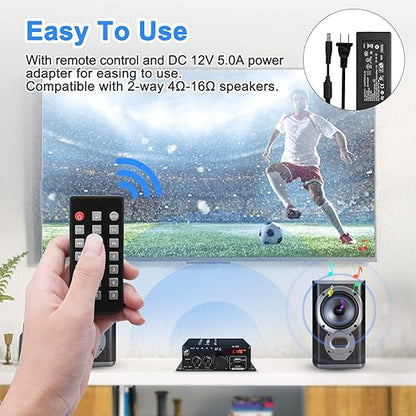 AK-380 USB SD BT.C FM AUX Audio Power Amplifier 2.0 CH 40W+40W HiFi Stereo AMP Speaker Bluetooth 5.0 Amp Receiver with 12V 5A Power Supply,FM Antenna for Car Home Bar Party