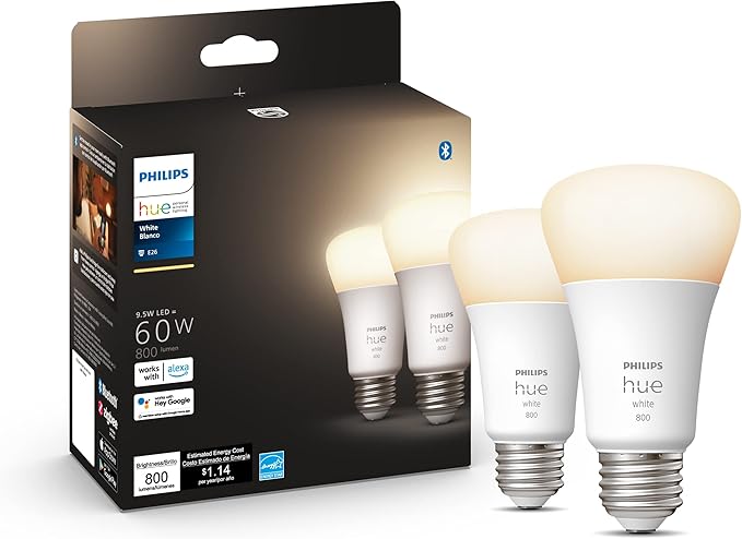 Philips Hue Smart 60W A19 LED Bulb - Soft Warm White Light - 4 Pack - 800LM - E26 - Indoor & Smart 60W A19 LED Bulb - Soft Warm White Light - 2 Pack - 800LM - E26 - Indoor