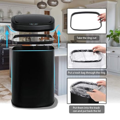 HCY Kitchen Trash Can 13 Gallon Automatic Metal Garbage Can Stainless Steel Waste Bin with Lid Smart for Kitchen,Office,Living Room,Bathroom(Black)