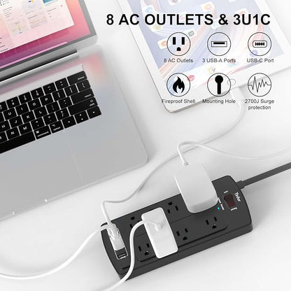 Yintar 6Ft Surge Protector Power Strip with 8 Outlets and 4 USB Ports | 6 Feet Flat Plug Extension Cord with Multiple Outlets for Home, Office, Dorm Essentials, 2700 Joules, ETL, Black