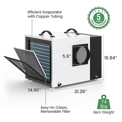Waykar 158 Pint Commercial Dehumidifier with Pump and Drain Hose for Crawl Spaces, Basements, Ducted Industrial Use, and Water Damage Unit, for Spaces up to 7500 Square Feet, Smart Humidity Control
