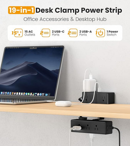 Dual Layer Desk Clamp Power Strip, Desktop Edge Mount Surge Protector with 15 AC Outlets & 4 USB Ports(20W USB-C), Ultra Thin Flat Plug & 15FT Power Cord for Office Home(ETL Listed)