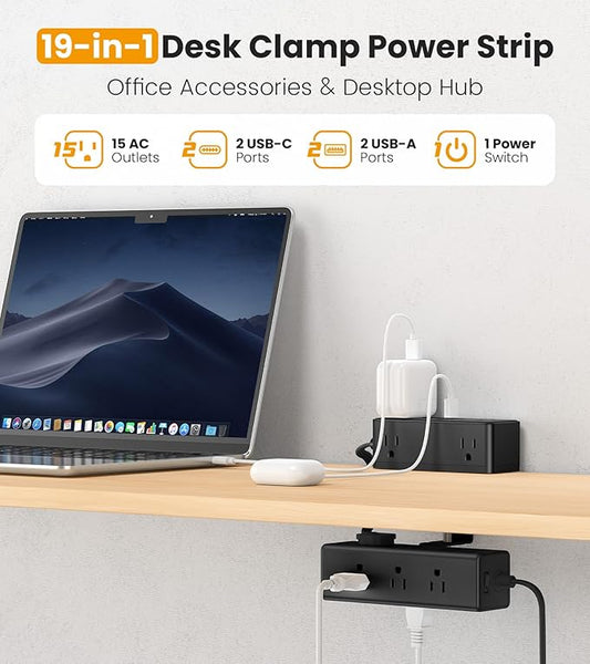 Dual Layer Desk Clamp Power Strip with 4 USB Ports(20W USB-C) & 15 AC Outlets, Desktop Edge Mount Surge Protector, Ultra Thin Flat Plug & 5FT Power Cord for Office Home(ETL Listed)