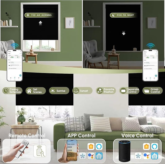 FineTell Motorized Blinds with Remote, 100% Blackout Roller Shades Compatible with Alexa,Apple Homekit,Google Home APP and Voice Control, Customized Electric Blinds (100% Blackout Vinyl Black)