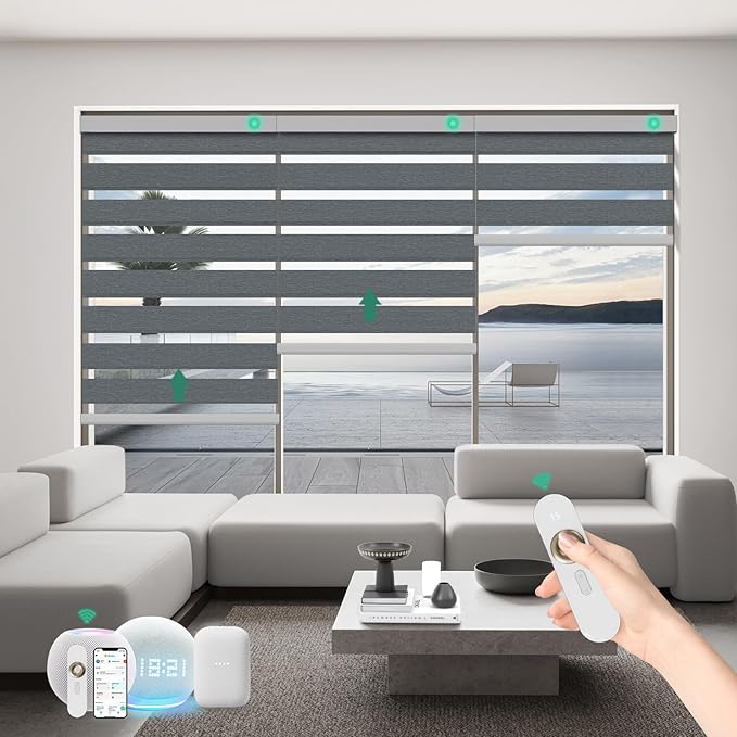 Motorized Zebra Blinds with Remote, Work with HomeKit Alexa Automatic Electric Window Shades 95% Blackout Light Filtering for Smart Home and Office, Customized Size Light Gray