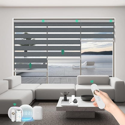 Motorized Zebra Blinds with Remote, Work with HomeKit Alexa Automatic Electric Window Shades 95% Blackout Light Filtering for Smart Home and Office, Customized Size Light Gray