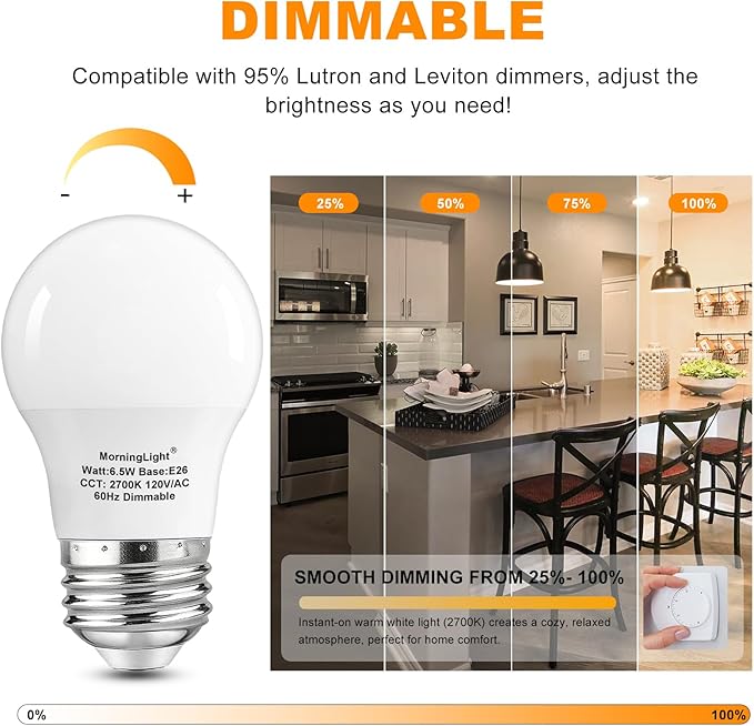 MorningLight A15 Ceiling Fan Light Bulb 60 Watt Equivalent, 6.5W Dimmable LED Light Bulbs, 2700K Warm White, E26 Base, 4 Pack A15 LED Light Bulbs 60W for Pendant, Hallway Fixtures, 600LM